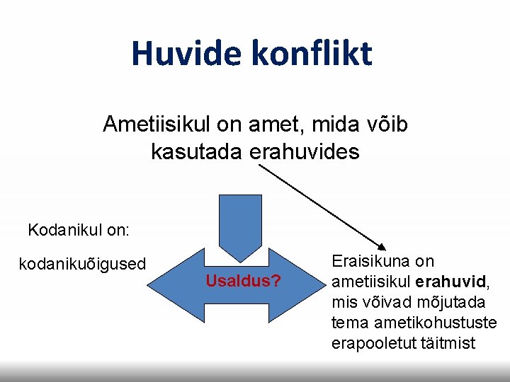 Huvide konflikt Ametiisikul on amet, mida võib kasutada erahuvides Kodanikul on: kodanikuõigused Usaldus? Eraisikuna Huvide konflikt Ametiisikul on amet, mida võib kasutada erahuvides Kodanikul on: kodanikuõigused Usaldus? Eraisikuna