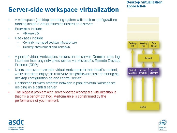 Server-side workspace virtualization • • A workspace (desktop operating system with custom configuration) running