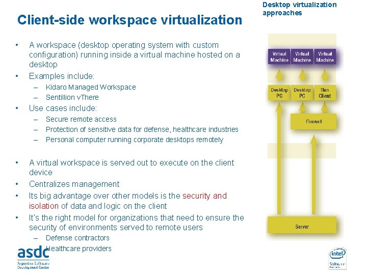 Client-side workspace virtualization • • A workspace (desktop operating system with custom configuration) running