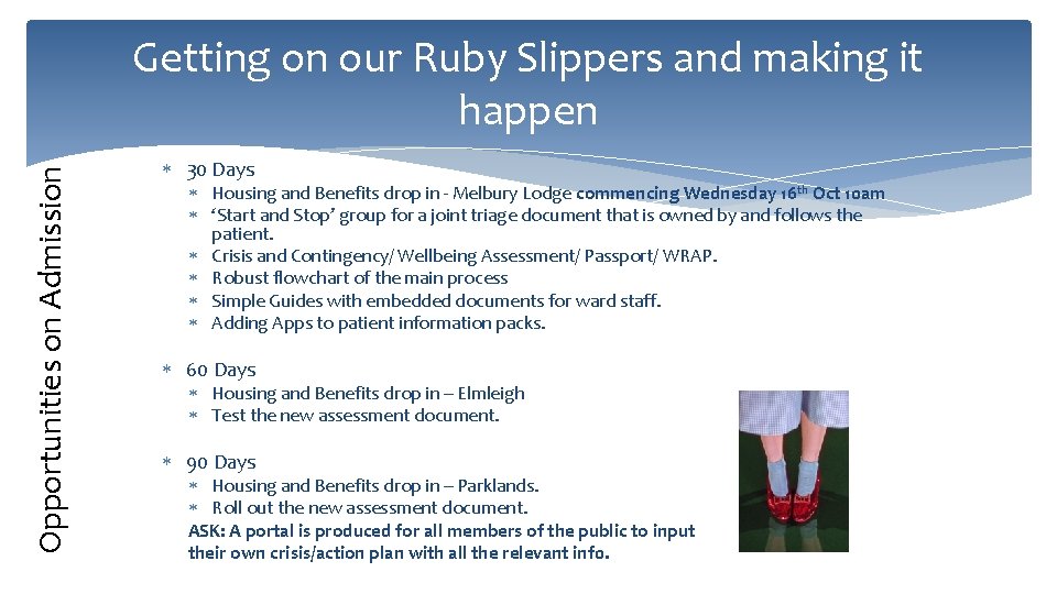 Opportunities on Admission Getting on our Ruby Slippers and making it happen 30 Days