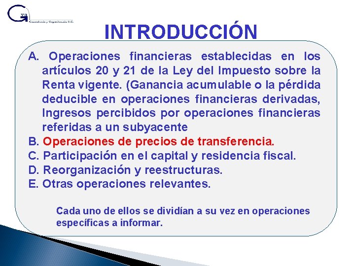 INTRODUCCIÓN A. Operaciones financieras establecidas en los artículos 20 y 21 de la Ley