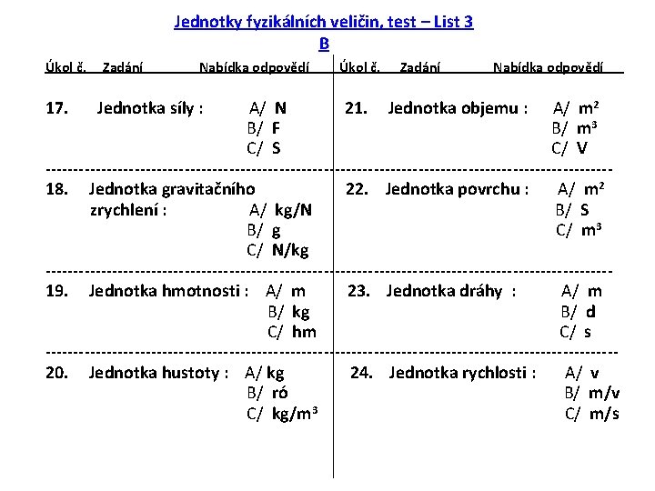 Jednotky fyzikálních veličin, test – List 3 B Úkol č. 17. Zadání Nabídka odpovědí