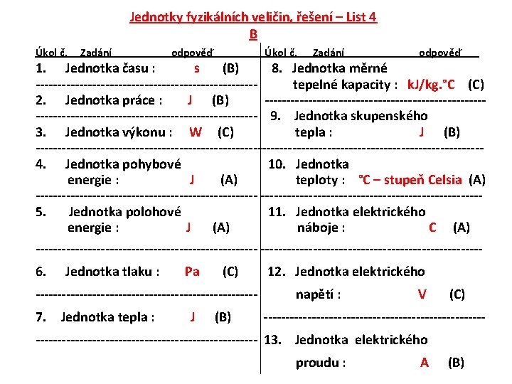 Jednotky fyzikálních veličin, řešení – List 4 B Úkol č. Zadání odpověď 1. Jednotka