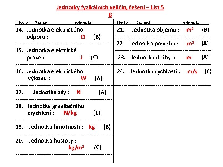 Jednotky fyzikálních veličin, řešení – List 5 B Úkol č. Zadání odpověď 14. Jednotka