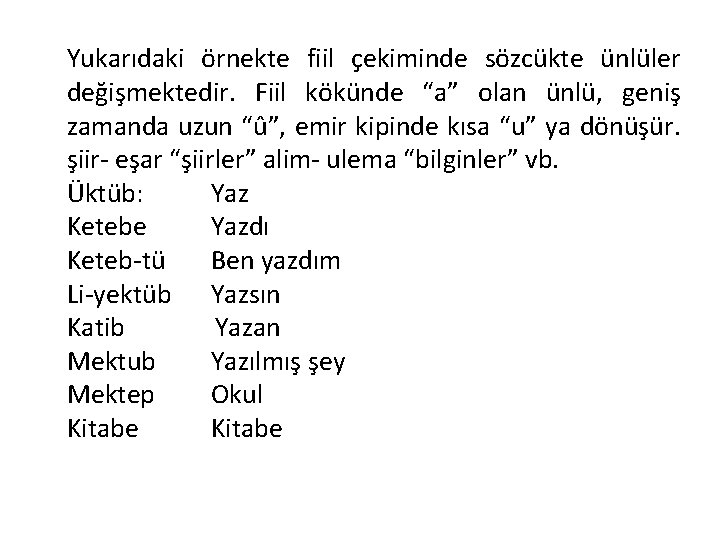 Yukarıdaki örnekte fiil çekiminde sözcükte ünlüler değişmektedir. Fiil kökünde “a” olan ünlü, geniş zamanda