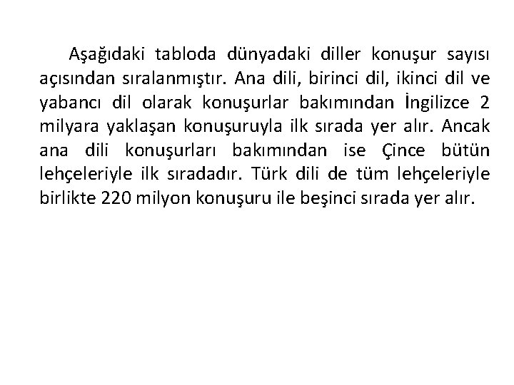 Aşağıdaki tabloda dünyadaki diller konuşur sayısı açısından sıralanmıştır. Ana dili, birinci dil, ikinci dil