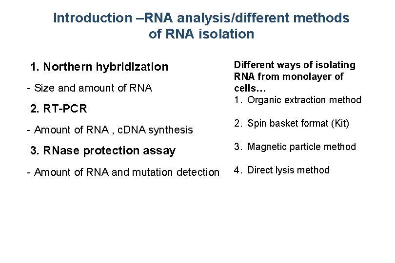 Introduction –RNA analysis/different methods of RNA isolation 1. Northern hybridization - Size and amount