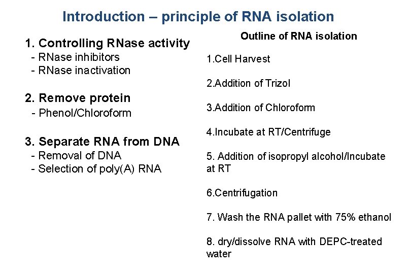 Introduction – principle of RNA isolation 1. Controlling RNase activity - RNase inhibitors -