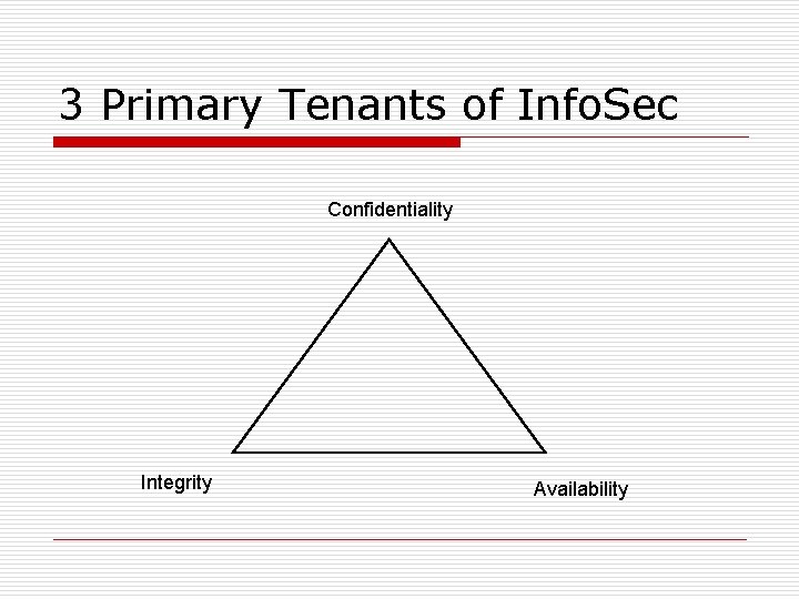 3 Primary Tenants of Info. Sec Confidentiality Integrity Availability 