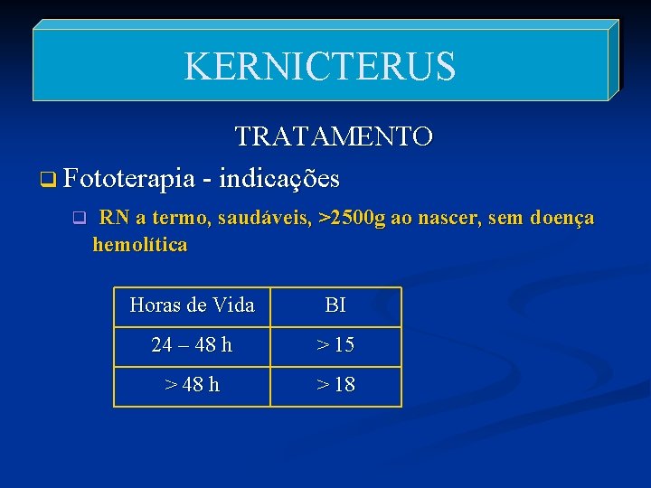 KERNICTERUS TRATAMENTO q Fototerapia - indicações q RN a termo, saudáveis, >2500 g ao