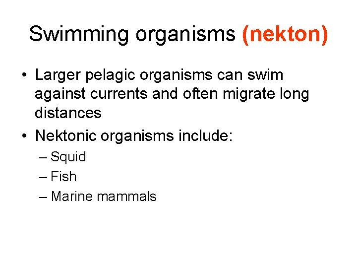 Swimming organisms (nekton) • Larger pelagic organisms can swim against currents and often migrate