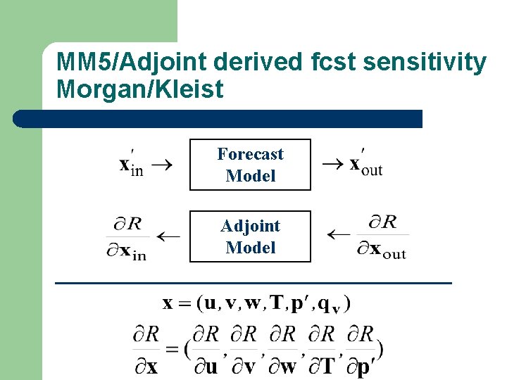 MM 5/Adjoint derived fcst sensitivity Morgan/Kleist Forecast Model Adjoint Model 