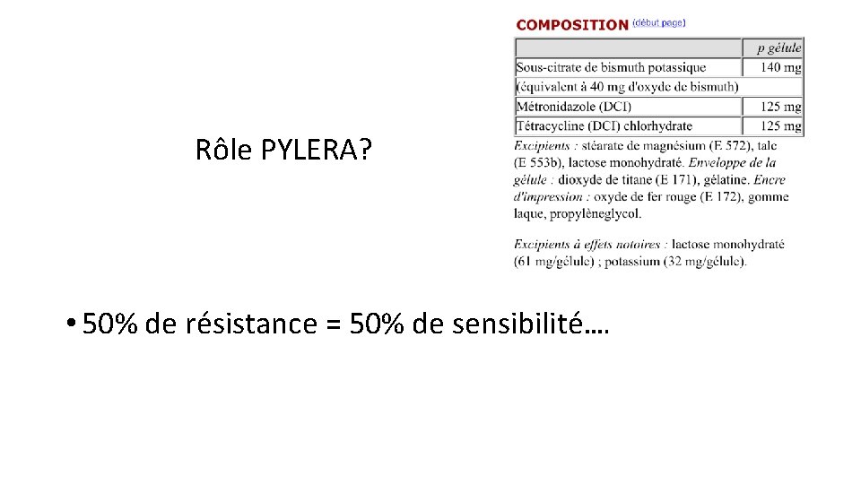 Rôle PYLERA? • 50% de résistance = 50% de sensibilité…. 