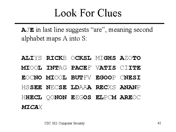 Look For Clues AJE in last line suggests “are”, meaning second alphabet maps A