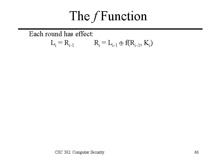 The f Function Each round has effect: Li = Ri-1 Ri = Li-1 +