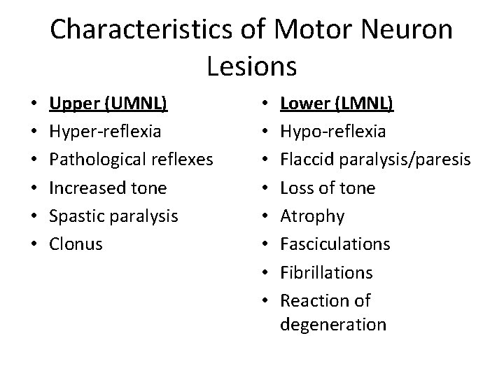 Characteristics of Motor Neuron Lesions • • • Upper (UMNL) Hyper-reflexia Pathological reflexes Increased