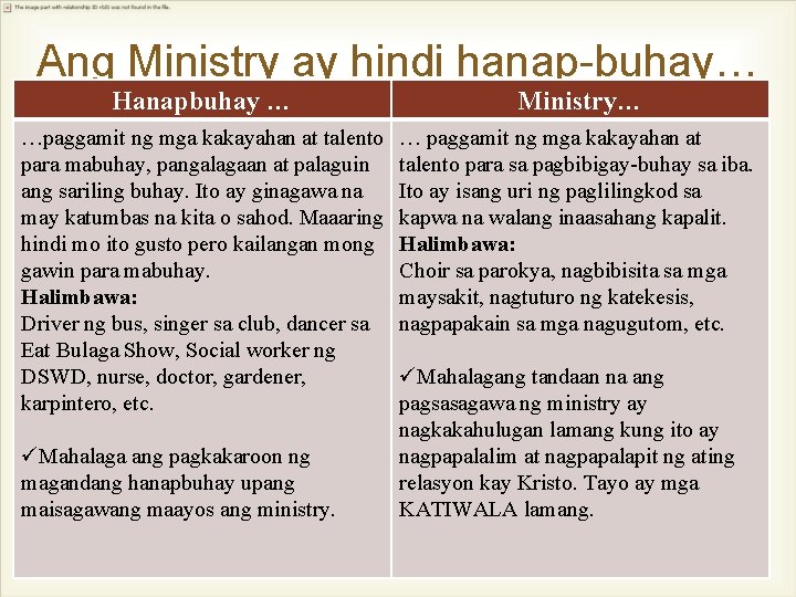 Ang Ministry ay hindi hanap-buhay… Hanapbuhay … Ministry… …paggamit ng mga kakayahan at talento