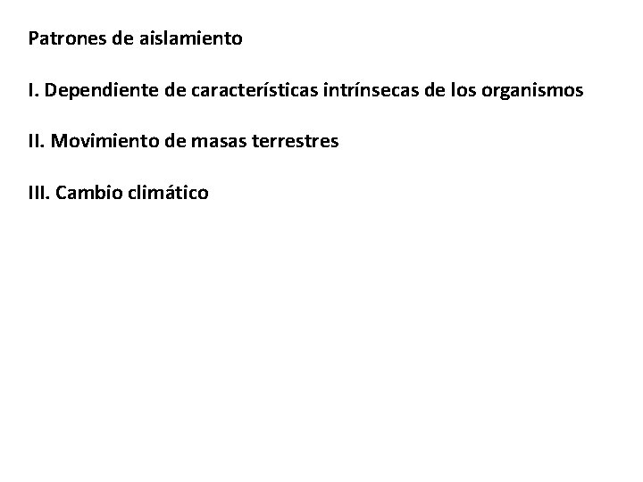 Patrones de aislamiento I. Dependiente de características intrínsecas de los organismos II. Movimiento de