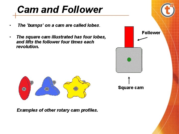 Cam and Follower • • The 'bumps' on a cam are called lobes. The