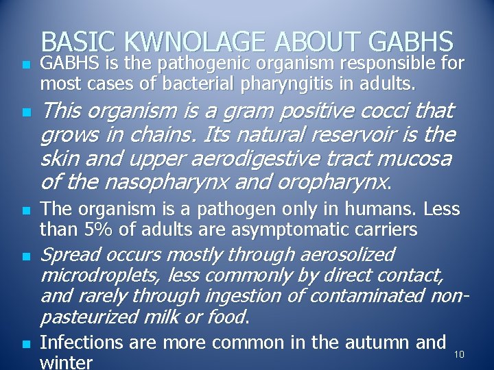 n n n BASIC KWNOLAGE ABOUT GABHS is the pathogenic organism responsible for most