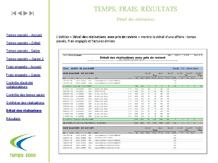 TEMPS, FRAIS, RÉSULTATS Détail des réalisations Temps passés - Accueil Temps passés – Détail