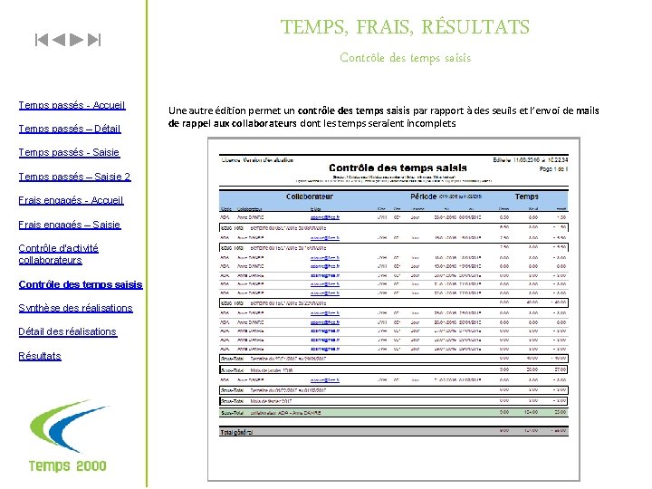 TEMPS, FRAIS, RÉSULTATS Contrôle des temps saisis Temps passés - Accueil Temps passés –