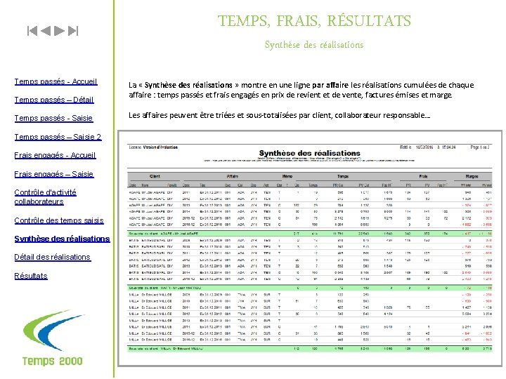 TEMPS, FRAIS, RÉSULTATS Synthèse des réalisations Temps passés - Accueil Temps passés – Détail