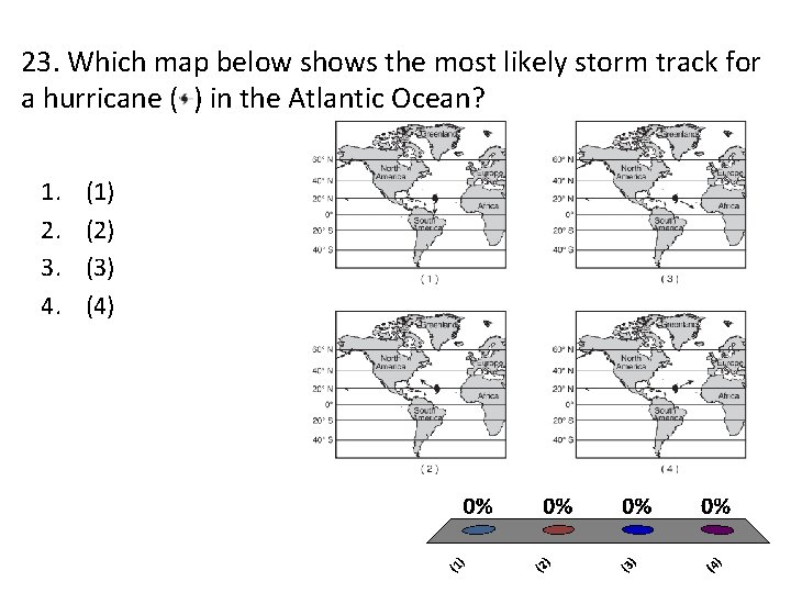 23. Which map below shows the most likely storm track for a hurricane (