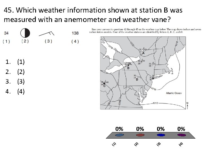 45. Which weather information shown at station B was measured with an anemometer and