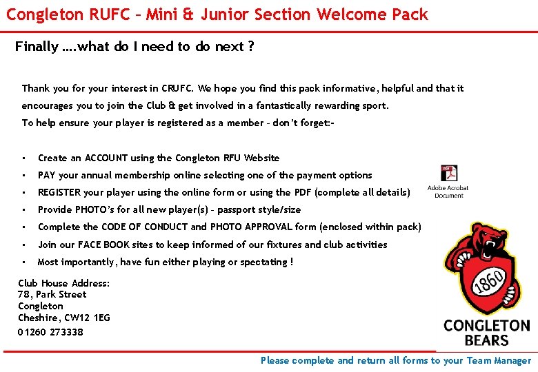 Congleton RUFC – Mini & Junior Section Welcome Pack Finally …. what do I