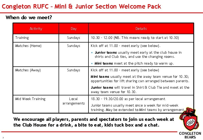 Congleton RUFC – Mini & Junior Section Welcome Pack When do we meet? Activity