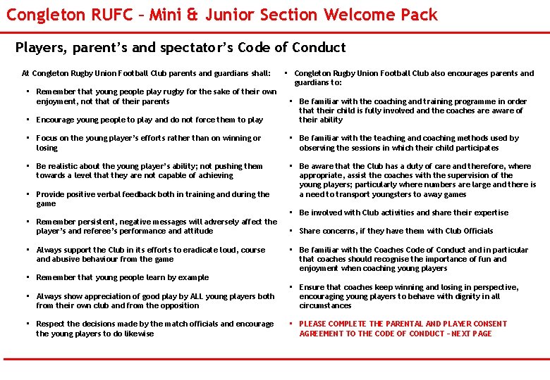 Congleton RUFC – Mini & Junior Section Welcome Pack Players, parent’s and spectator’s Code