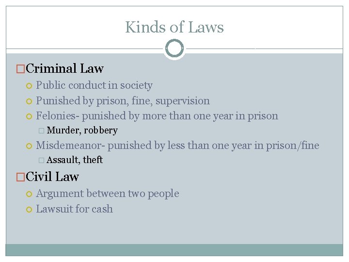 Kinds of Laws �Criminal Law Public conduct in society Punished by prison, fine, supervision Kinds of Laws �Criminal Law Public conduct in society Punished by prison, fine, supervision