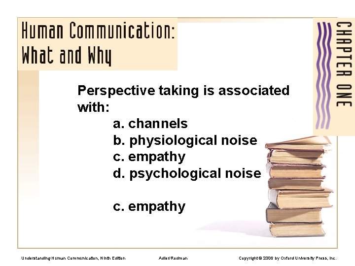 Perspective taking is associated with: a. channels b. physiological noise c. empathy d. psychological