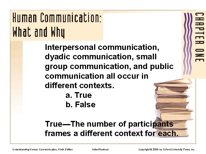 Interpersonal communication, dyadic communication, small group communication, and public communication all occur in different