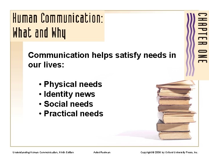 Communication helps satisfy needs in our lives: • Physical needs • Identity news •