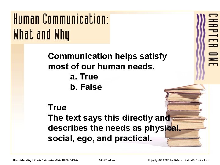 Communication helps satisfy most of our human needs. a. True b. False True The