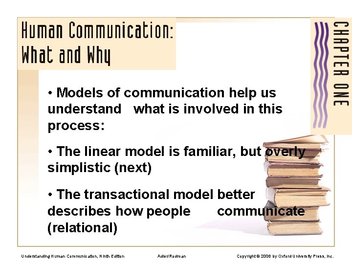  • Models of communication help us understand what is involved in this process: