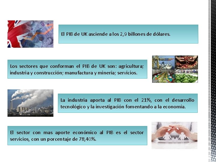 El PIB de UK asciende a los 2, 9 billones de dólares. Los sectores El PIB de UK asciende a los 2, 9 billones de dólares. Los sectores