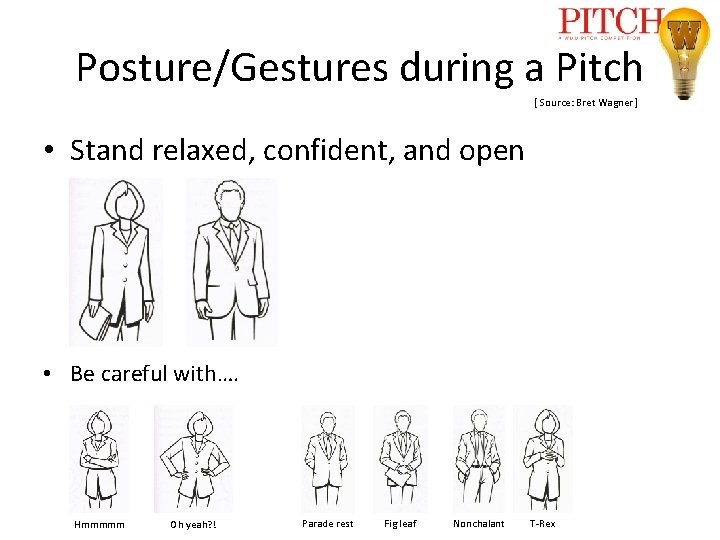 Posture/Gestures during a Pitch [ Source: Bret Wagner ] • Stand relaxed, confident, and