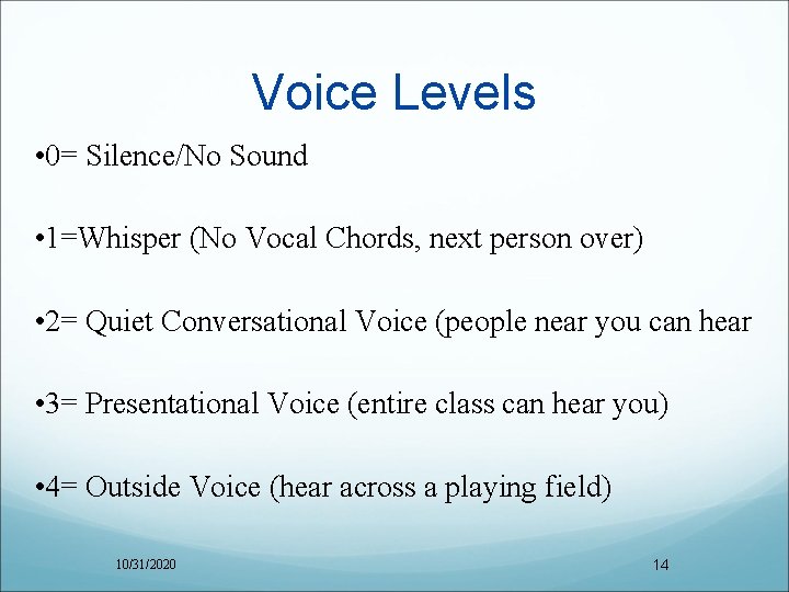 Voice Levels • 0= Silence/No Sound • 1=Whisper (No Vocal Chords, next person over)