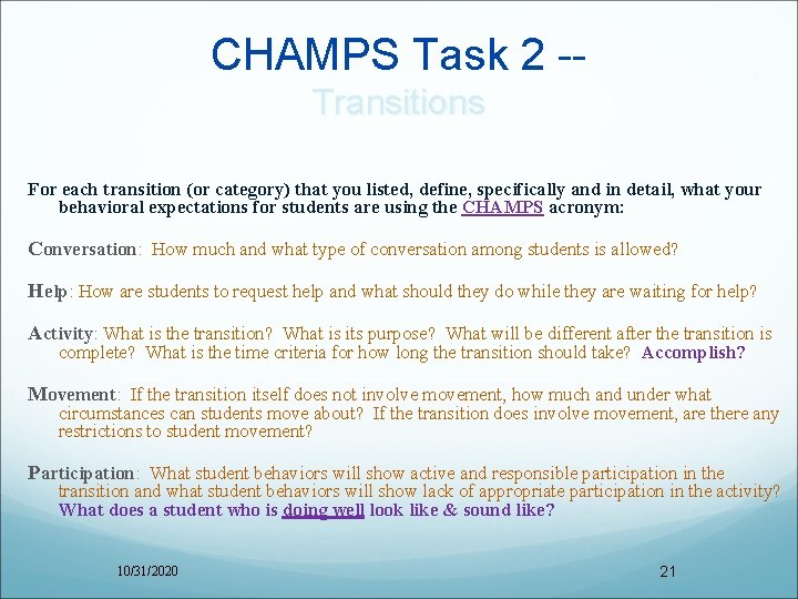 CHAMPS Task 2 -Transitions For each transition (or category) that you listed, define, specifically
