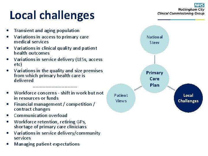 Local challenges • Transient and aging population • Variations in access to primary care