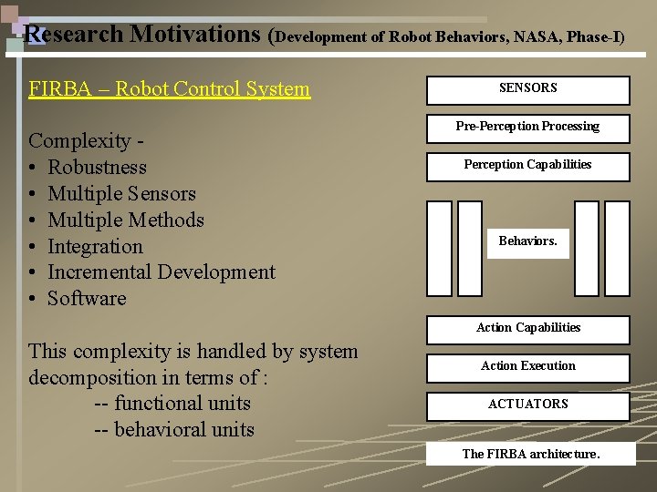 Research Motivations (Development of Robot Behaviors, NASA, Phase-I) FIRBA – Robot Control System Complexity