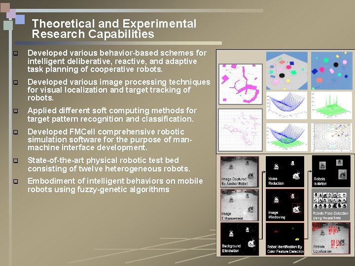 Theoretical and Experimental Research Capabilities q Developed various behavior-based schemes for intelligent deliberative, reactive,