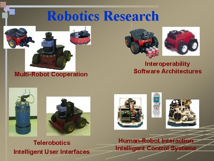 Robotics Research Multi-Robot Cooperation Telerobotics Intelligent User Interfaces Interoperability Software Architectures Human-Robot Interaction Intelligent