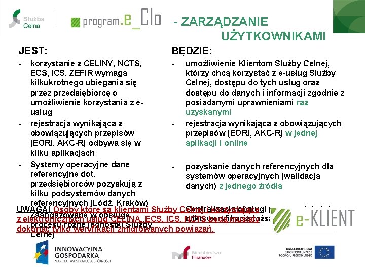 - ZARZĄDZANIE UŻYTKOWNIKAMI JEST: - BĘDZIE: korzystanie z CELINY, NCTS, - umożliwienie Klientom Służby