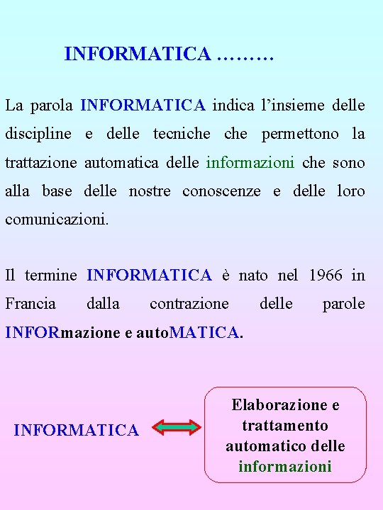 INFORMATICA ……… La parola INFORMATICA indica l’insieme delle discipline e delle tecniche permettono la