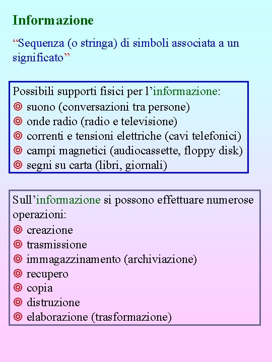 Informazione “Sequenza (o stringa) di simboli associata a un significato” Possibili supporti fisici per