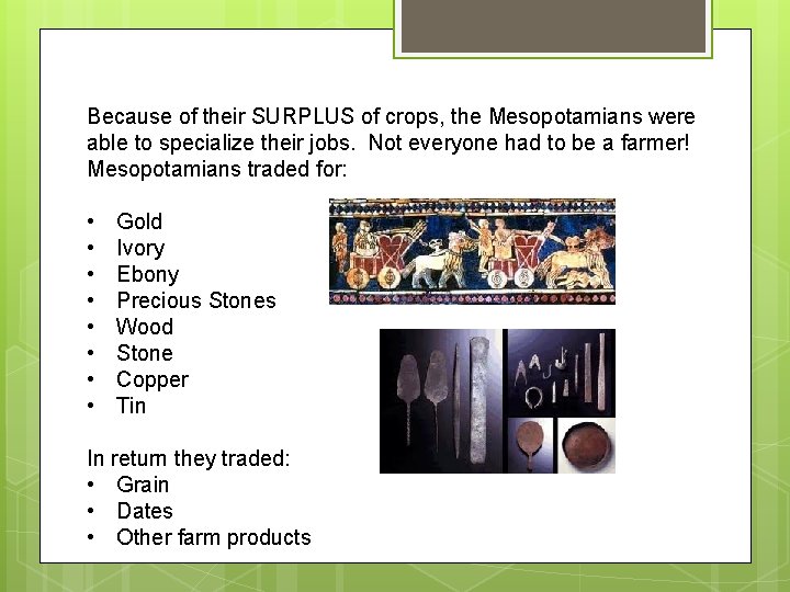 Because of their SURPLUS of crops, the Mesopotamians were able to specialize their jobs. Because of their SURPLUS of crops, the Mesopotamians were able to specialize their jobs.